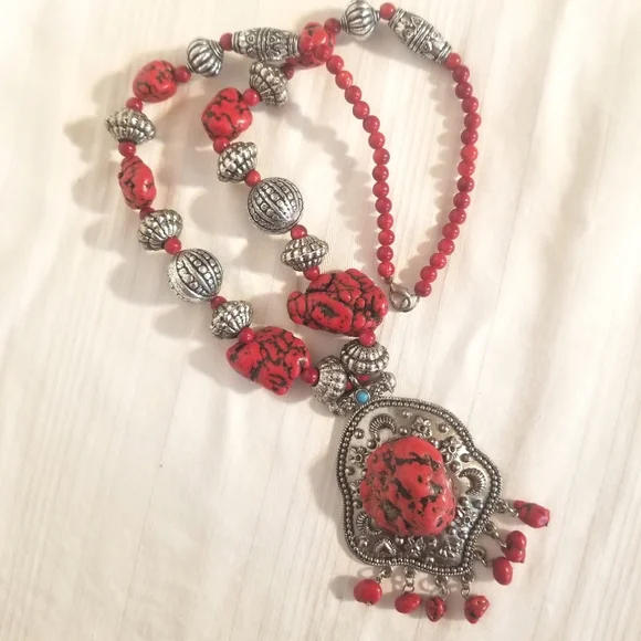 Silver Red Magnesite Southwest Statement Necklace